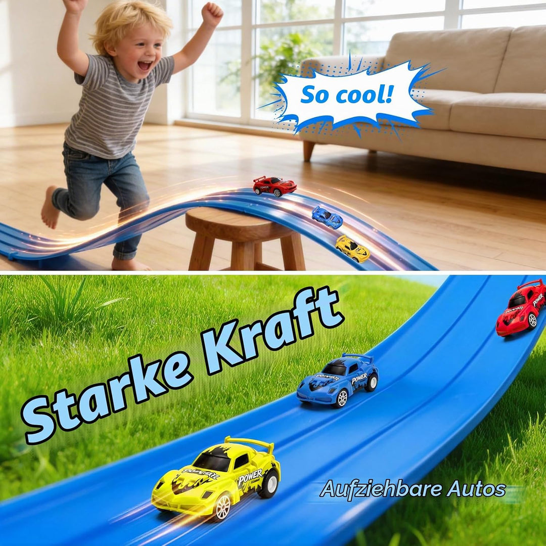 3-Spur Flexible Rennbahn Kinder, 5M Autorennbahn mit 6 Autos 3 Saugnäpfen, Flexible Autorennbahn Kin