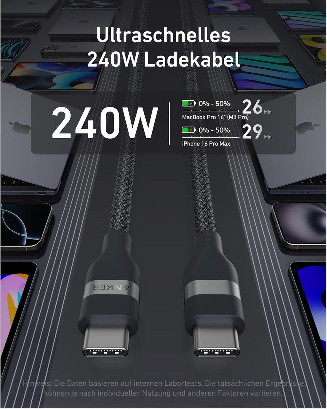 Anker Nano USB C auf USB C Kabel, 240W 1,8m flexibel farbig geflochten, USB C Schnellladekabel Typ C