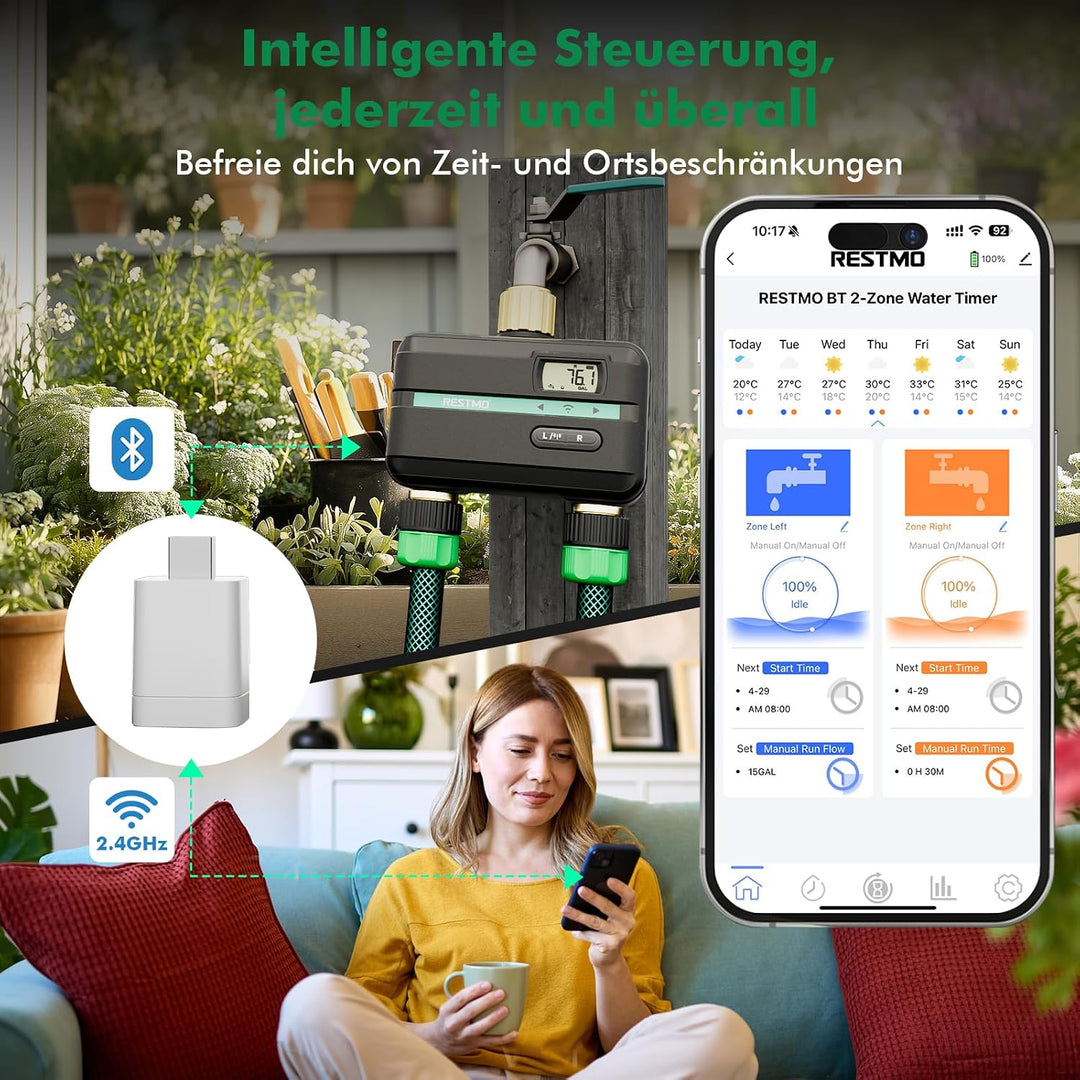 RESTMO 2 Zonen Bewässerungscomputer mit integriertem Bluetooth+Wi-Fi Chip und App-Steuerung, automat