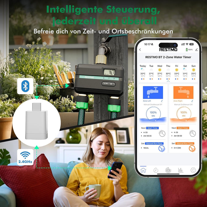 RESTMO 2 Zonen Bewässerungscomputer mit integriertem Bluetooth+Wi-Fi Chip und App-Steuerung, automat