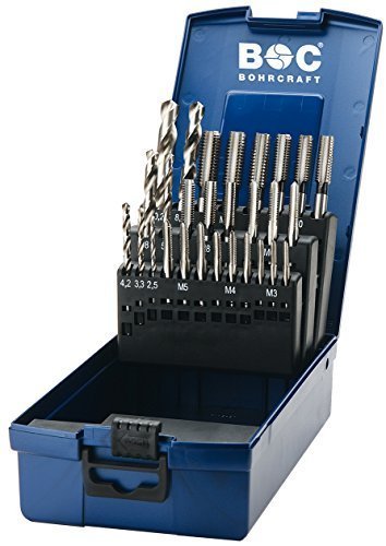 Handgewindebohrer DIN 352 HSS-G links in ABS-Box 28-tlg. M 3 - M 12 je 3-tlg.+Kernlochbohrer/GK12-K