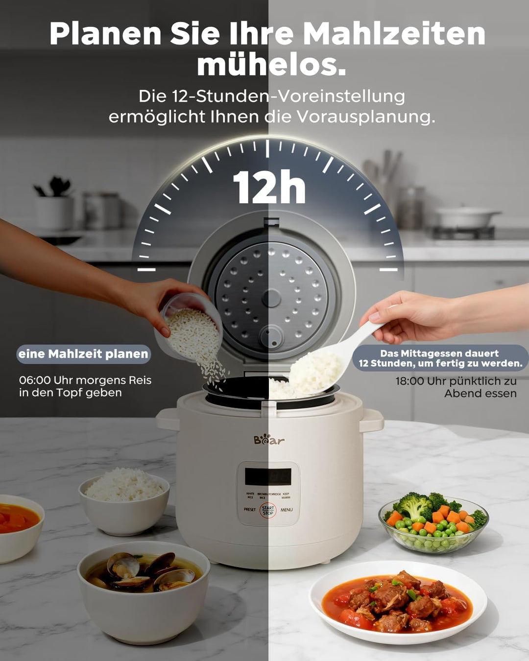 Bear Reiskocher 2-Tassen ungekocht, Multifunktioneller 300W Elektrischer Rice Cooker mit Warmhaltefu