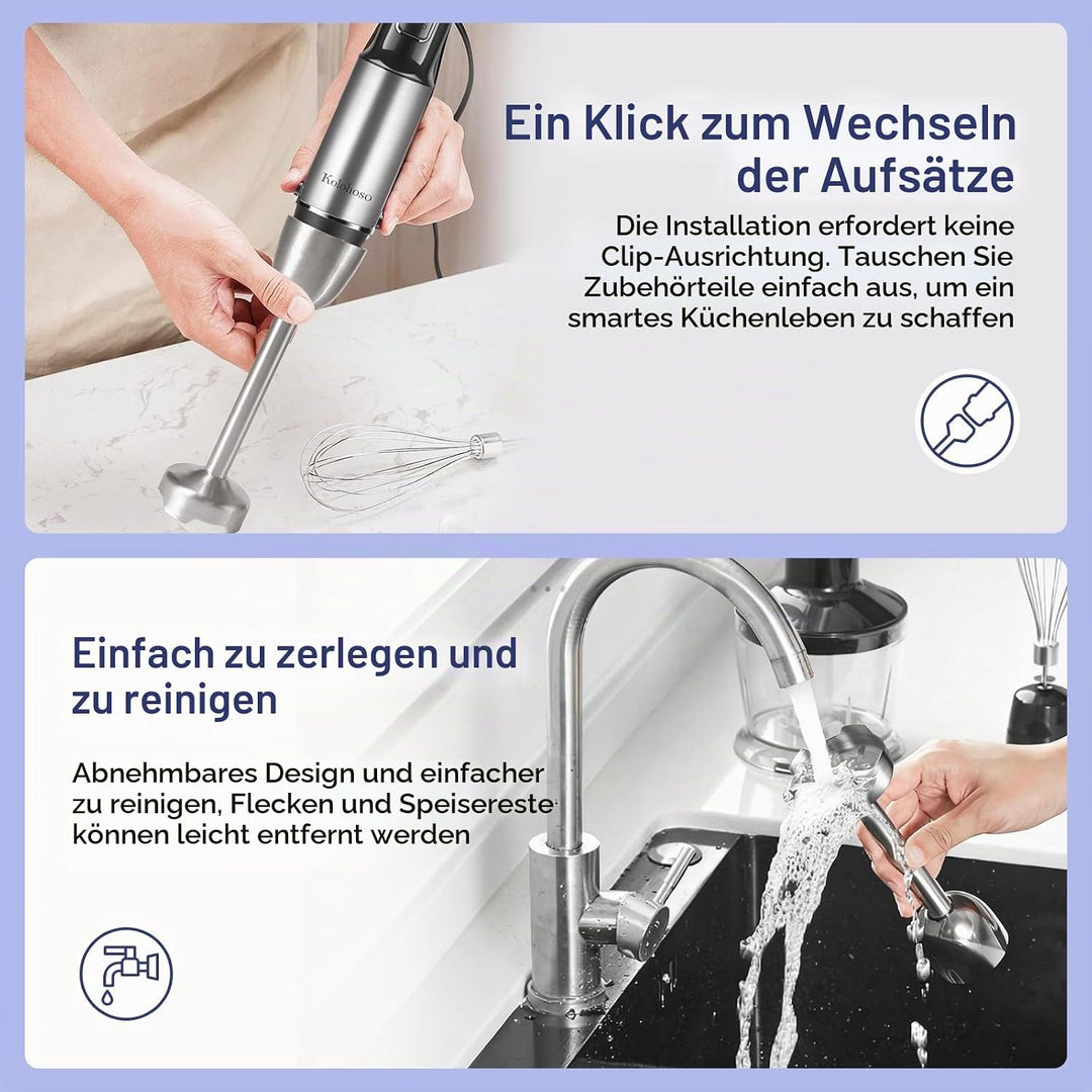 1500W Stabmixer, 4-in-1 Pürierstab, 25 Geschwindigkeitsstufen &amp; Turbo-Stabmixer Set mit Schneebesen,