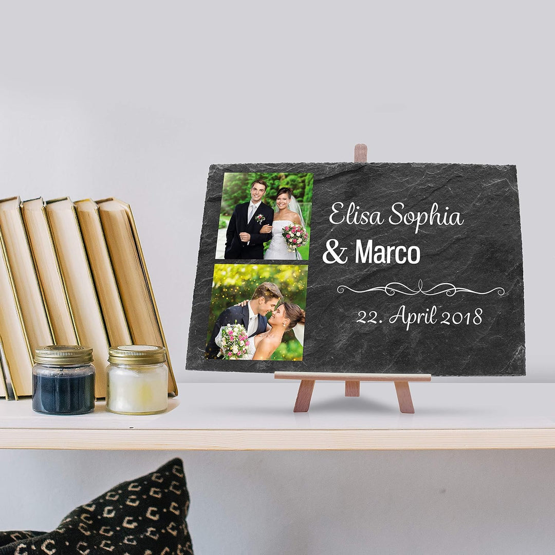 wandmotiv24 Schiefertafel Hochzeit mit Staffelei, Personalisierbar Digitaldruck 2 Farb-Fotos + Vorna
