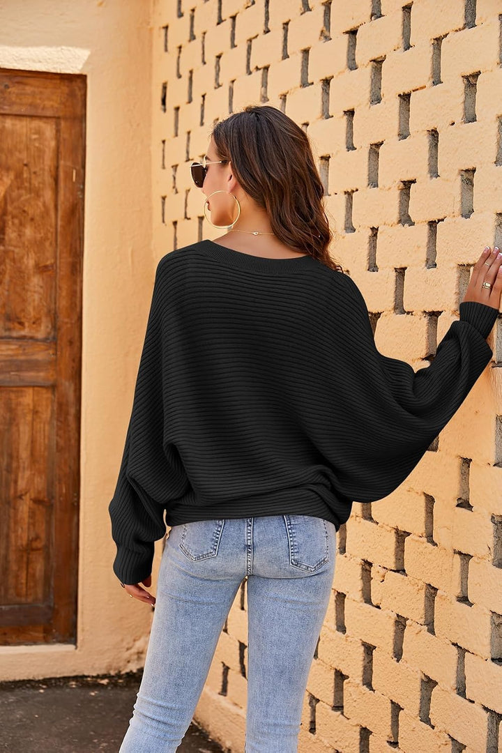 Fessceruna Damen Pullover Oversize Fledermausärmel Strickpullover Winter Rundhals Pulli Geripptes Sw