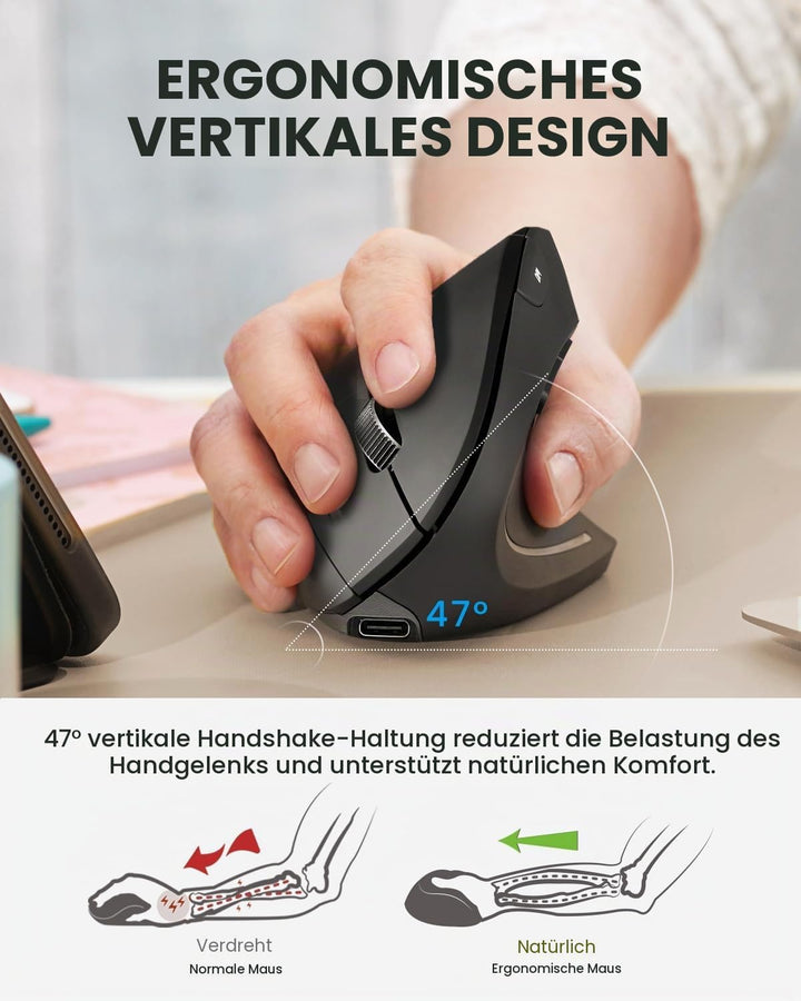 Perixx PERIMICE-813RX Kabellose Ergonomische Vertikale Maus, Multi-Device-Konnektivität, Wiederaufla