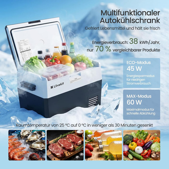 LLIVEKIT Kompressor Kühlbox 40L, -20~20°C, Tragbarer Kühlschrank, 12/24V DC, 100-240V AC, mit Beleuc