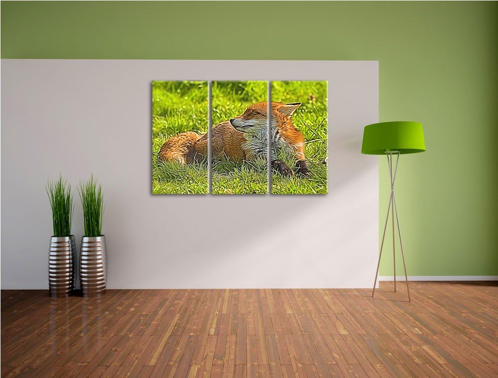 Süsser Fuchs auf Wiese 3 Teilig, Gesamtgrösse 120x80 cm auf Leinwand, XXL riesige Bilder fertig gera