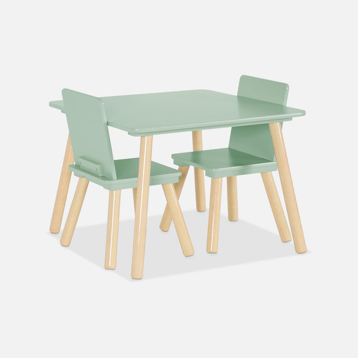 sweeek - Quadratischer Kindertisch mit 2 Stühlen, Beine aus Kiefernholz - Judith Grün, Grün