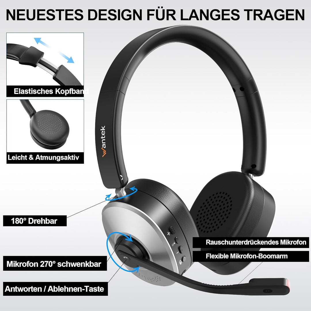 Wantek Bluetooth Headset mit Mikrofon für PC,Kabelloses Headset mit USB-Dongle, Noise Cancelling Mik