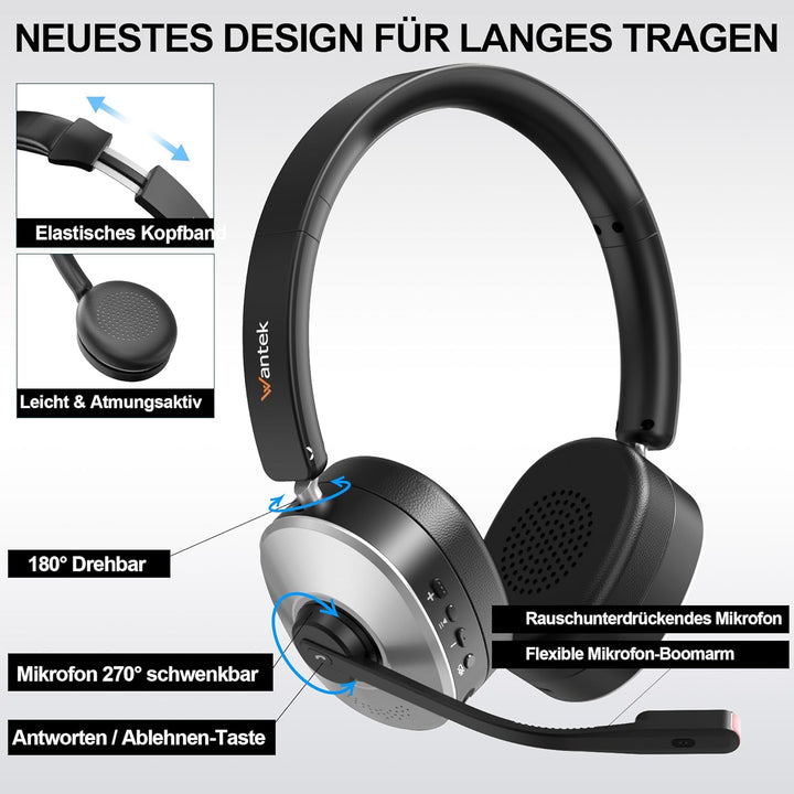 Wantek Bluetooth Headset mit Mikrofon für PC,Kabelloses Headset mit USB-Dongle, Noise Cancelling Mik