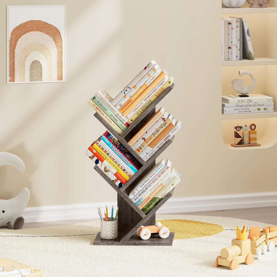 Hoctieon Bücherregal Baumform, Standregal mit 4 Ebenen, Bookshelf Bookcase Holz Eckregal Stehend für