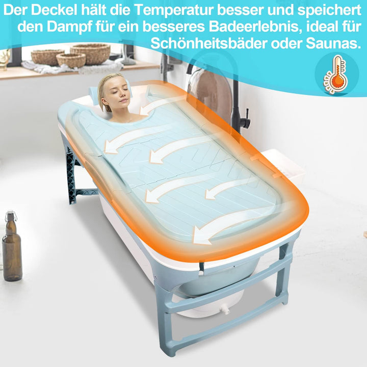 Faltbare Badewanne Erwachsene, 118x60x50 cm, mit Abdeckung, Seifenkorb, Mobile Badewanne für Garten,