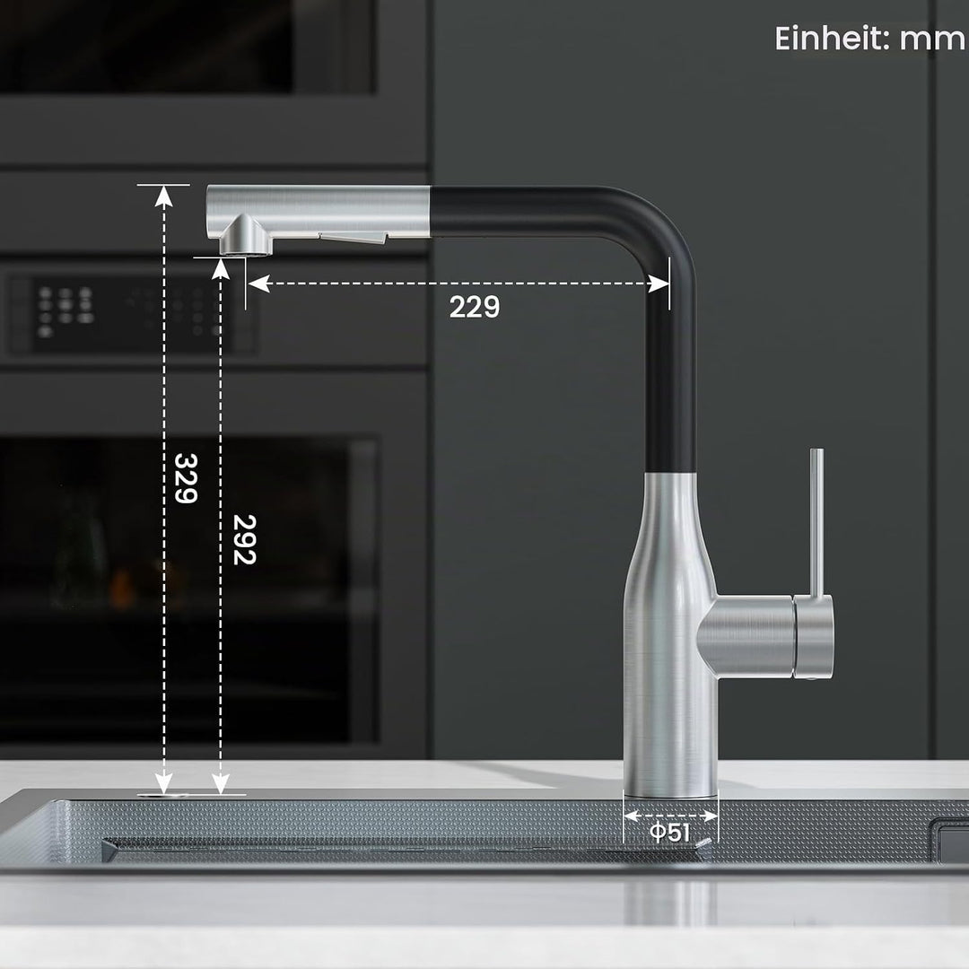 CECIPA Wasserhahn Küche Ausziehbar, Hochdruck Küchenarmatur Schwarz und Edelstahl, 360° Schwenk Arma