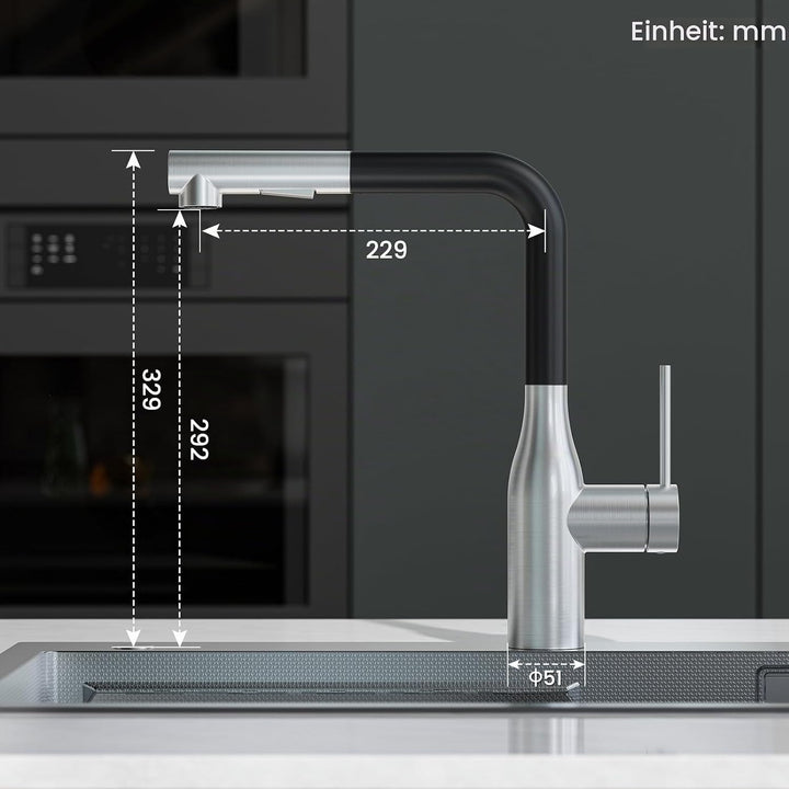 CECIPA Wasserhahn Küche Ausziehbar, Hochdruck Küchenarmatur Schwarz und Edelstahl, 360° Schwenk Arma