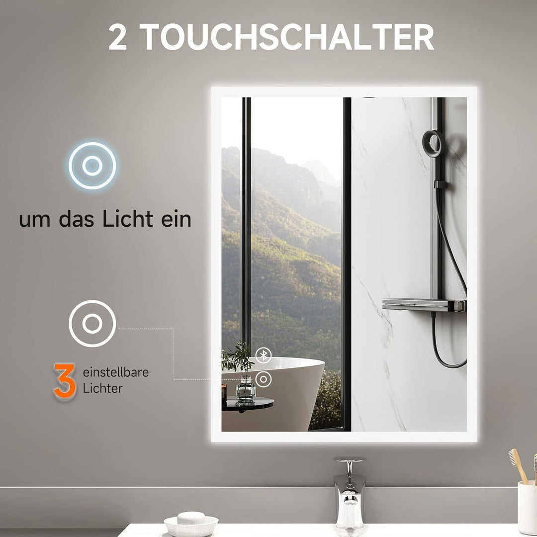YOLEO Badspiegel mit Beleuchtung, LED Spiegel mit Bluetooth-Lautsprecher, Wandspiegel mit Steckdose,