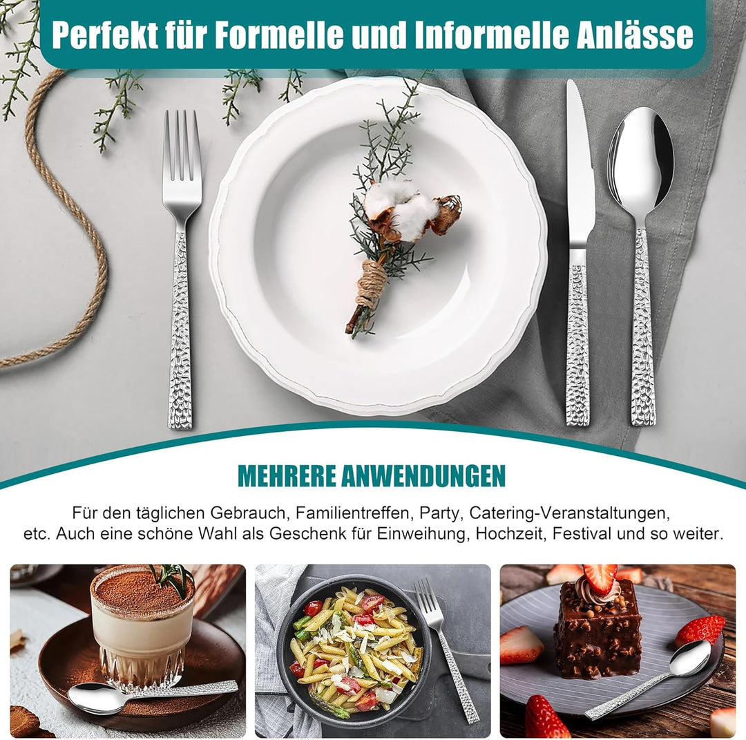 TEAMFAR Besteck Set, 30-teilig Edelstahl poliert Besteckset für 6 Personen, Gehämmertes Essbesteck f