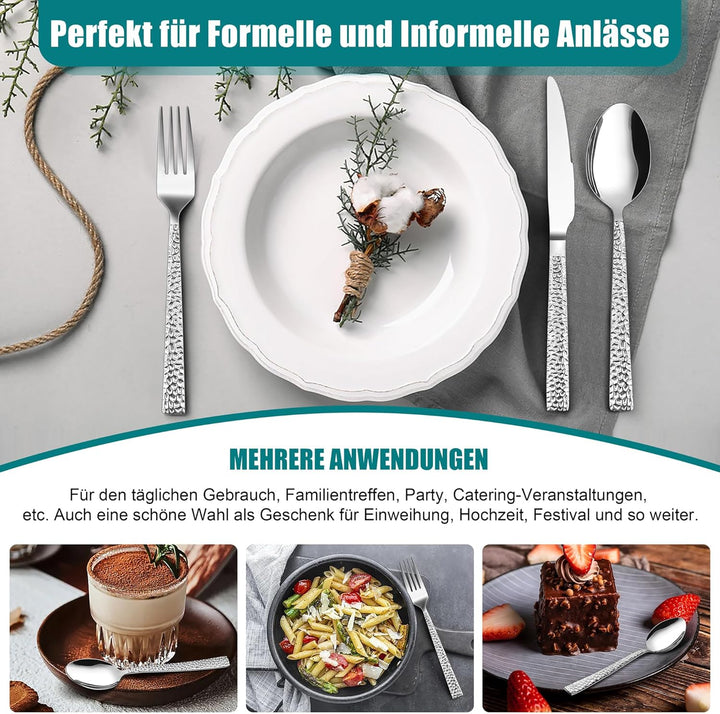 TEAMFAR Besteck Set, 30-teilig Edelstahl poliert Besteckset für 6 Personen, Gehämmertes Essbesteck f