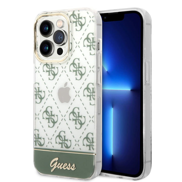 Guess 4G Pattern Script Collection Hardcase Hülle Cover für Apple iPhone 14 Pro Max Khaki, GUHCP14XH
