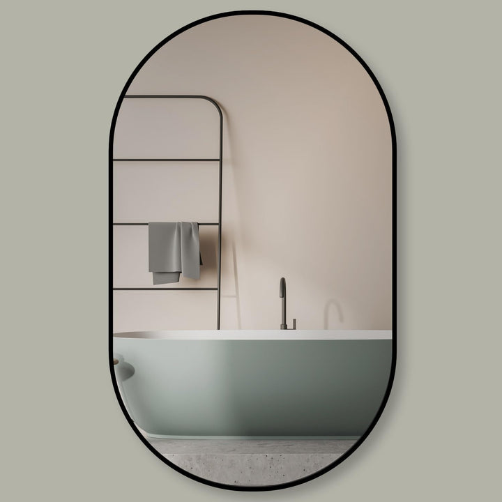 HOKO® Design Wandspiegel oval 60 x 100 cm mit Metall Rahmen Matt Schwarz. HOCH und QUER Montage mögl