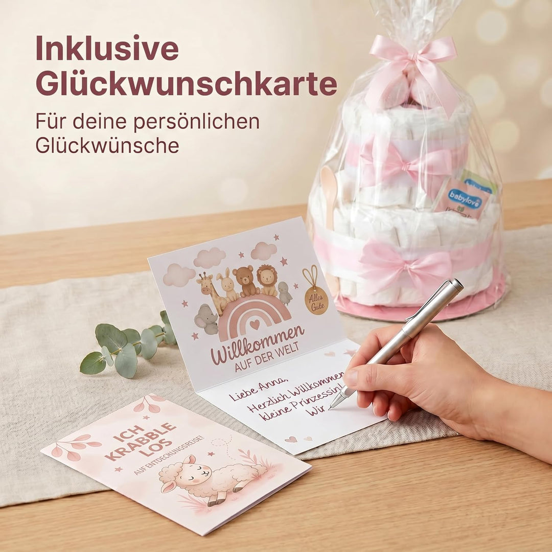Windeltorte 2 stöckig in Rosa mit Babysocken für Mädchen, Pinkelparty Geschenke zur Geburt, Taufe od