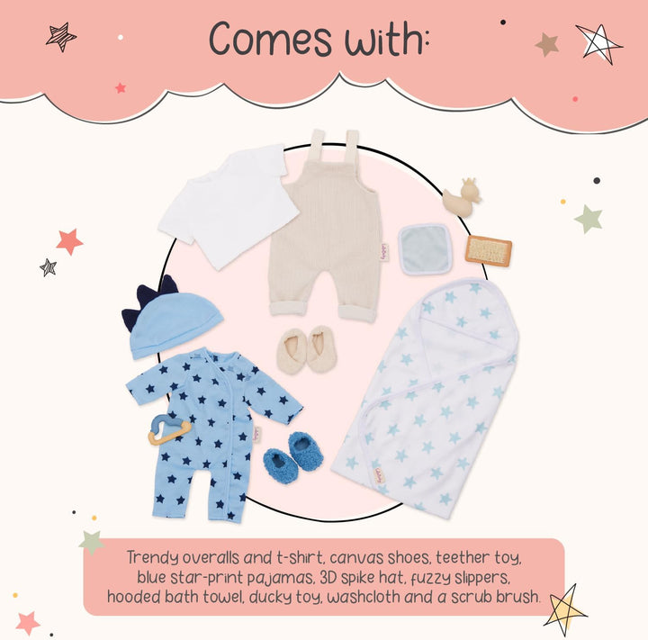 LullaBaby – 13-tlg. Puppenkleidung für 36 cm Baby Puppen – Strampler, Kapuzenhandtuch, Einteiler, T-