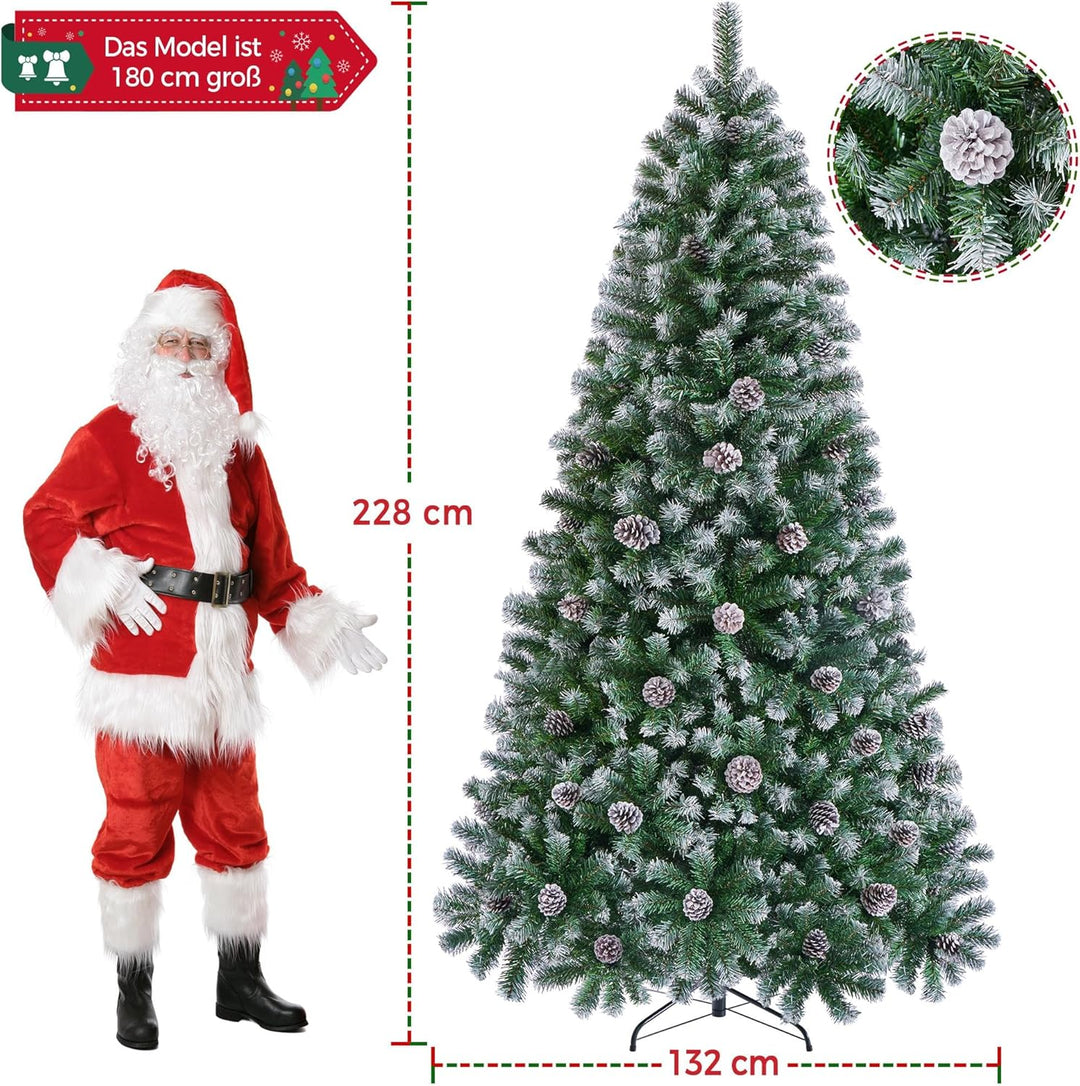 Yaheetech 228 cm künstlicher Weihnachtsbaum mit Schnee und 82 Kiefernzapfen (Ø ca.132 cm) 1346 Spitz