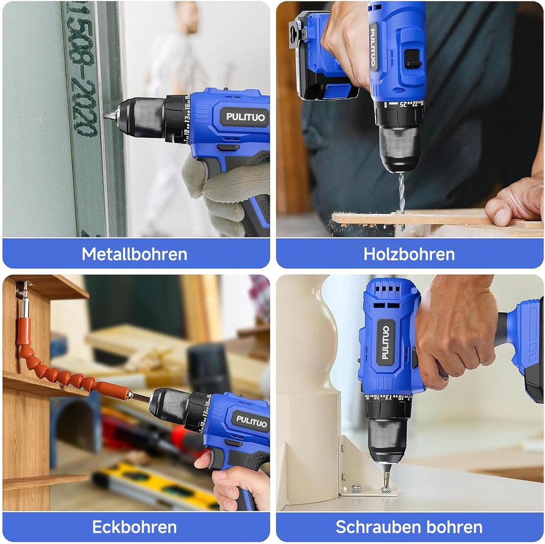 PULITUO Akkuschrauber Set, 20V Akku Bohrschrauber mit 2×2,0Ah Akkus, 45 Nm, 25+1 Drehmomentstufen, 1