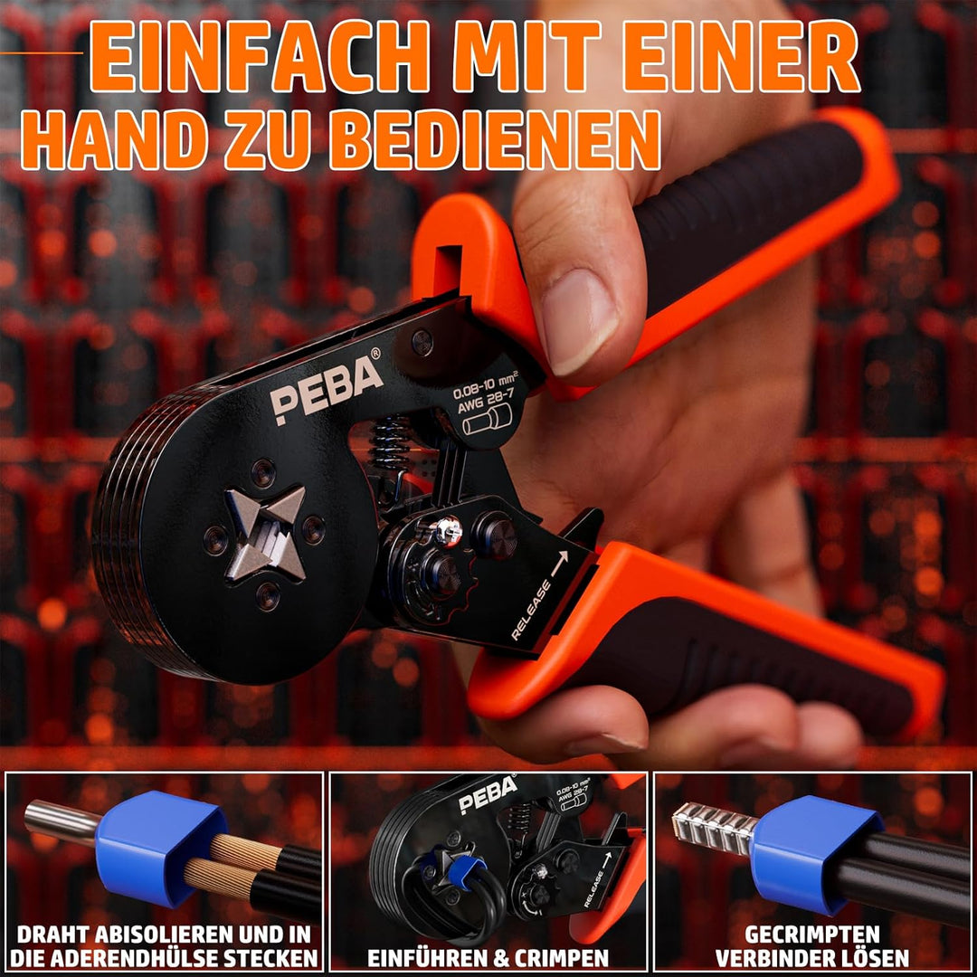 PEBA Vierkant Crimpzange Set 0,08–10 mm² – selbstjustierende Ratschen-Crimpzange mit 28 Grössen Ader