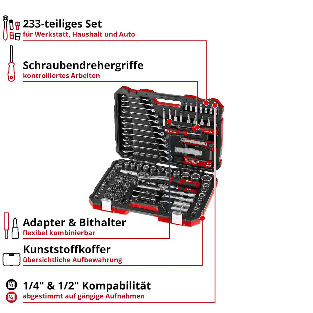 Einhell Werkzeugkoffer 233-tlg. (Umschaltknarren, Gabel-Ringschlüssel, Bit-Sortiment, Stecknüsse, Ve