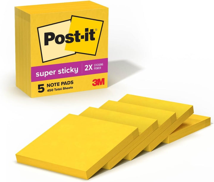 Post-it Super Haftnotizen, 7,6 x 7,6 cm, 5 Blöcke, 2 x Haftkraft, elektrisch gelb, recycelbar (654-5