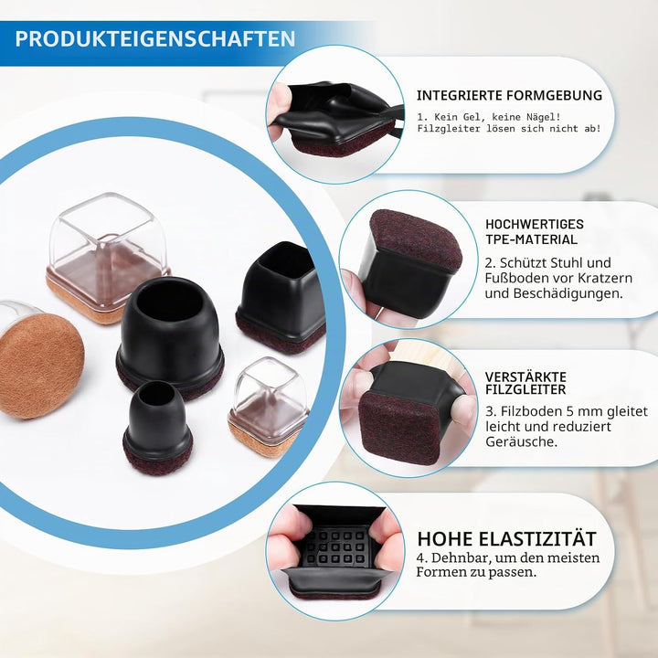 Ezprotekt Schutzkappen Für Stuhlbeine mit Filz, Gummi Möbel Beinbecher, Ø13-20mm Tischbeinbezug, Möb