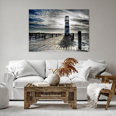 Bilder auf Leinwand 100x70cm Leinwandbild See Leuchtturm Holzbrücke Wasser Gross Wanddeko Bild Schla