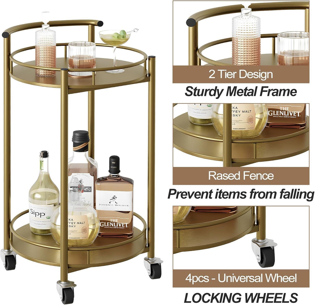 Servierwagen, 2 Ebenen, Küchenwagen, Rollwagen mit 2 Etagen, Runder Barwagen, Getränkewagen, Küchenr