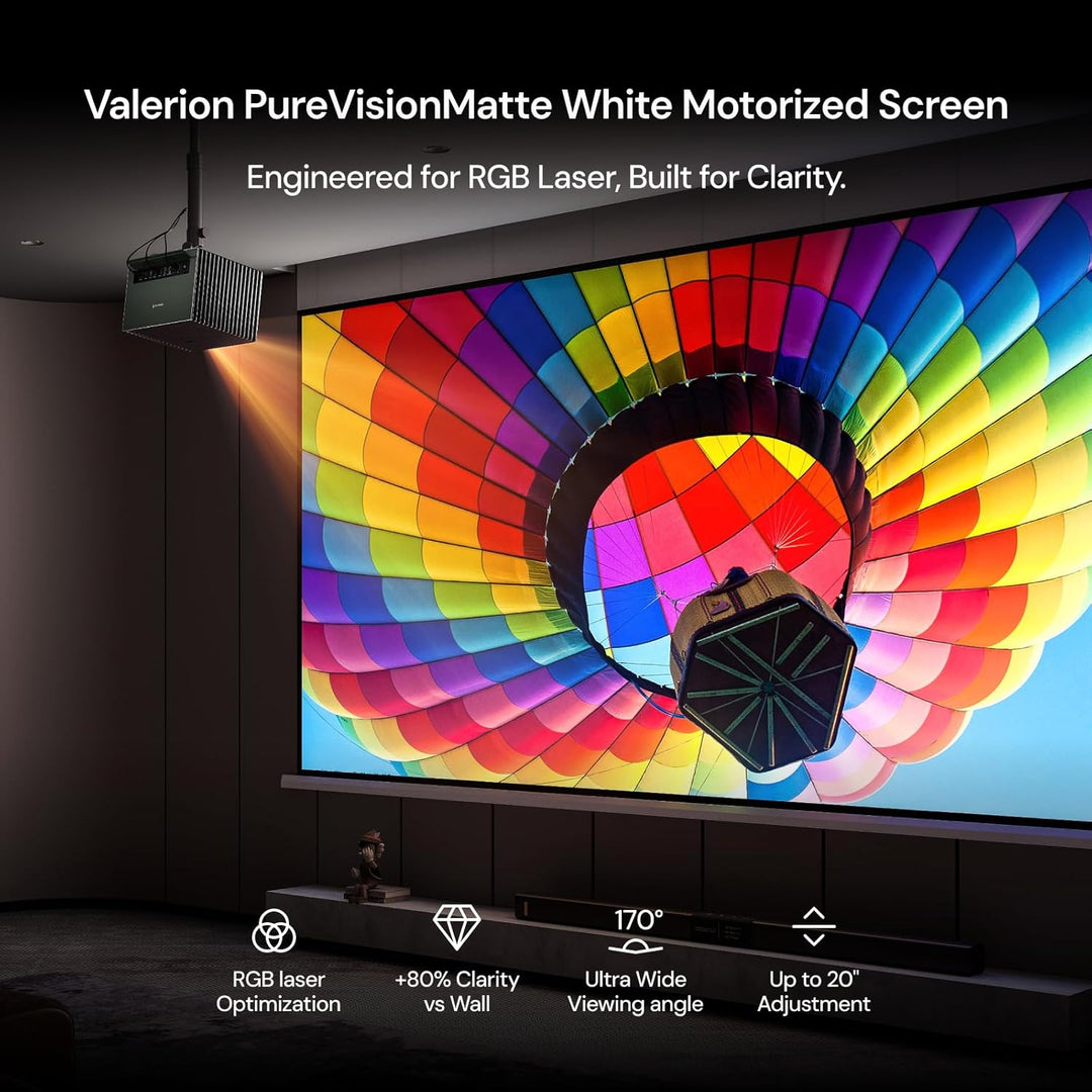 Heimkino-Paket: Valerion Pro2 4K Triple-Laserprojektor mit 100-Zoll-PureVision-Bildschirm mit Motor,