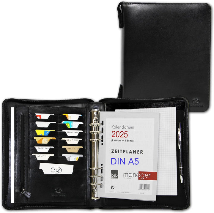 ALMADIH Leder A5 Organizer mit Ringmechanik Reissverschluss, Kalender 2024 Schreibblock Premium Rind