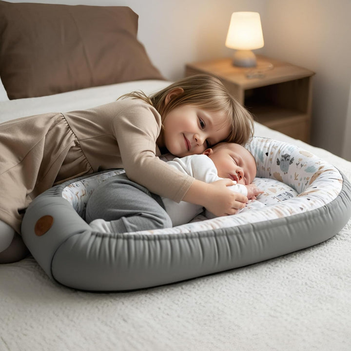 Babynest Kokon Neugeborene 90 x 50 cm - Handmade Kuschelnest Baby Nestchen aus Baumwolle Eulen Hellg