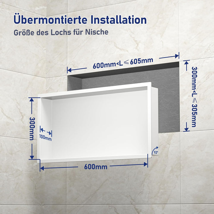 Duschnische 304 Edelstahl 60 cm × 30 cm × 10 cm Wandnische Weiss für Badezimmeraufbewahrung Keine Fl