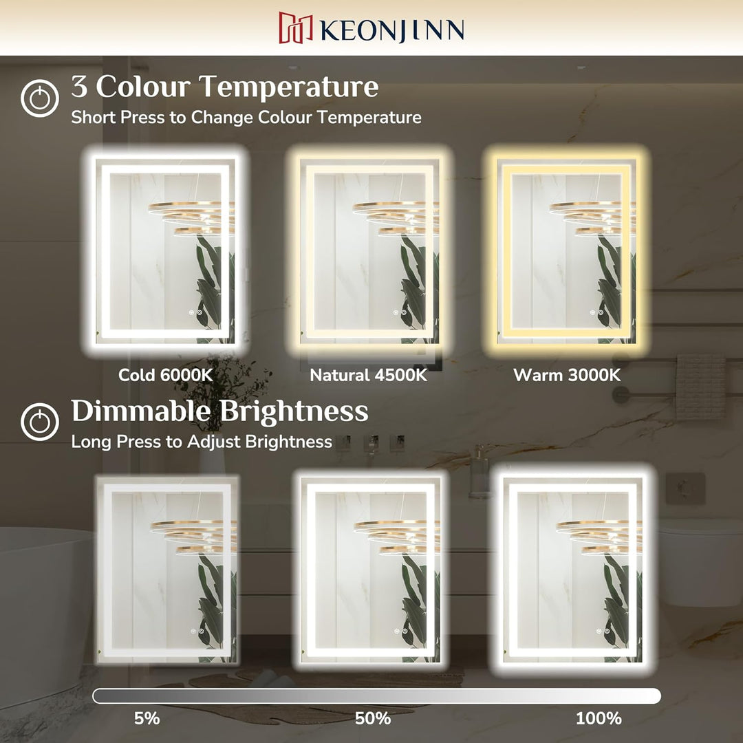 Keonjinn Badspiegel mit Beleuchtung 60x80cm, Badezimmerspiegel Beleuchtet Beschlagfrei Led Bad Spieg