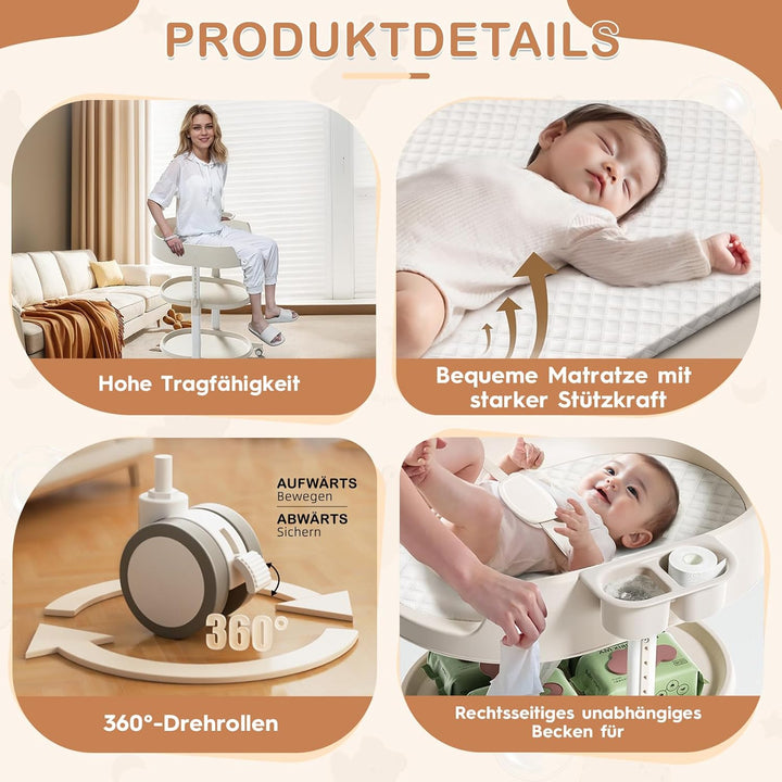 Wickeltisch, Wickelkommode für Baby, Höhenverstellbare Mobiler Baby Wickeltisch mit Stauraum, Tragba