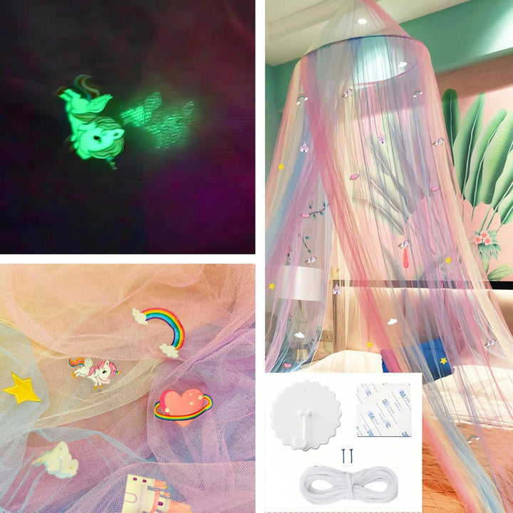 Eimilaly Prinzessin Regenbogen Betthimmel mit Einhorn Schloss leuchtet im Dunkeln, Betthimmel für Mä