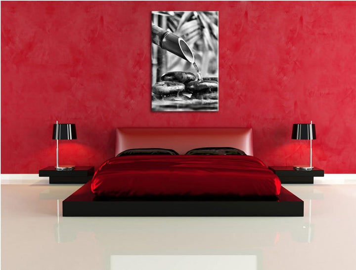 Pixxprint Monocrome, Bambusbrunnen mit Steinen, Format: 100x70 auf Leinwand, 100x70