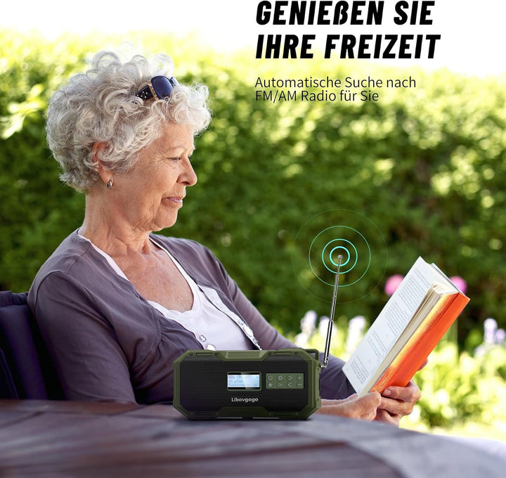 Libovgogo DF-587D Tragbares DAB+ UKW Radio mit wasserdichtem Bluetooth-Lautsprecher, Kurbelradio mit