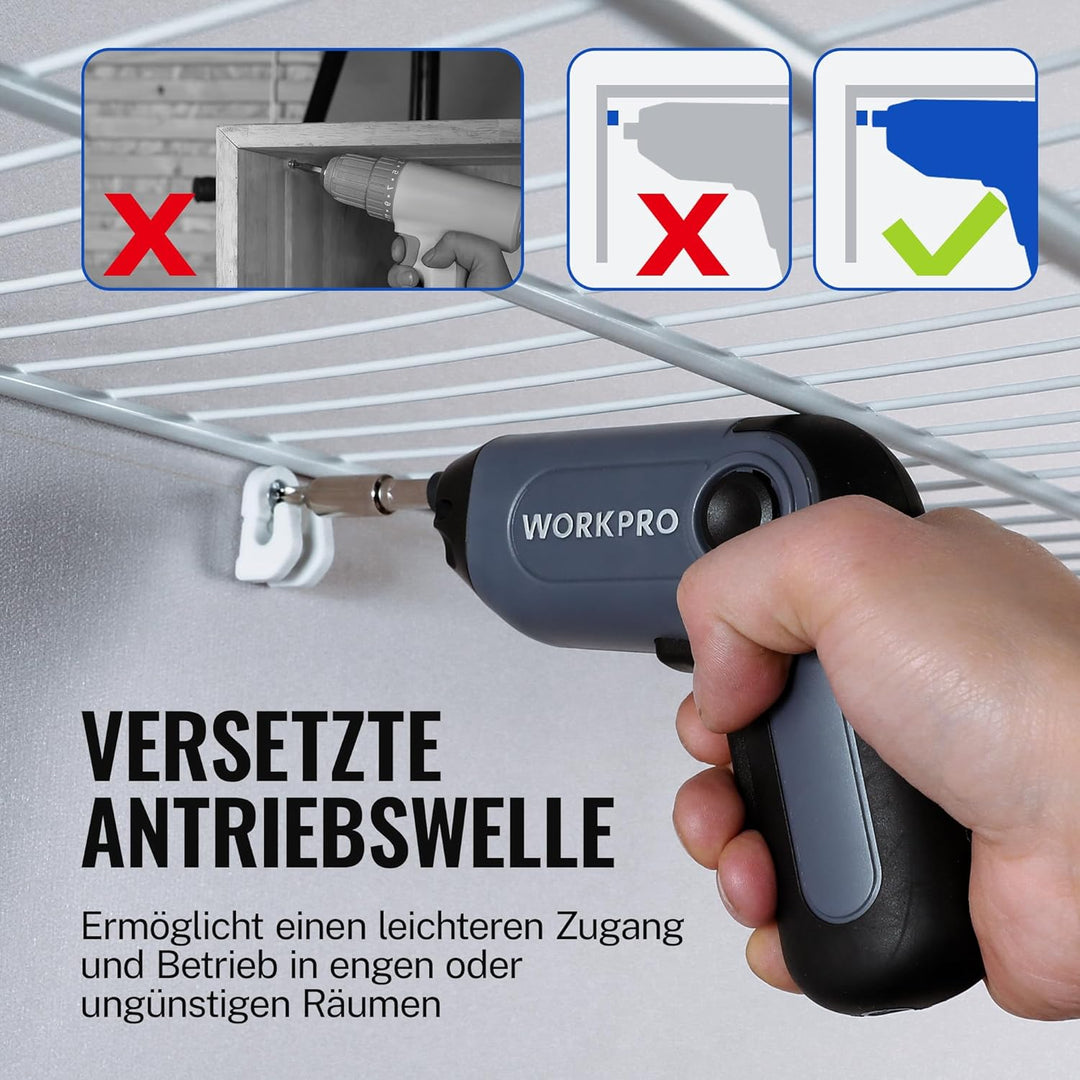 WORKPRO Akkuschrauber Set 3,6V, Exzentrischer Schraubendreher, mit 21 Bits und Verlängerungsstange,
