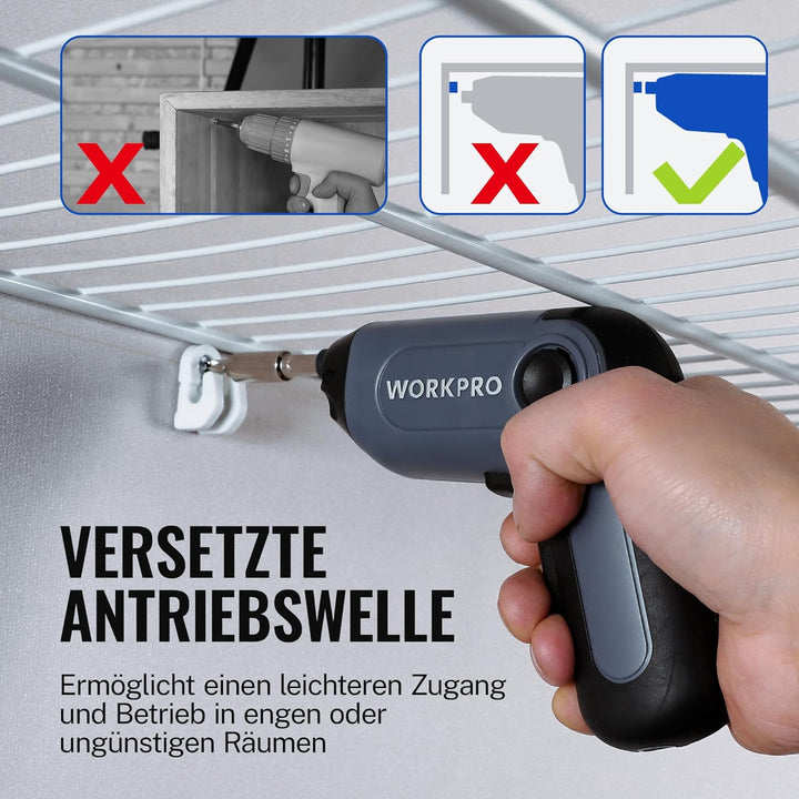 WORKPRO Akkuschrauber Set 3,6V, Exzentrischer Schraubendreher, mit 21 Bits und Verlängerungsstange,