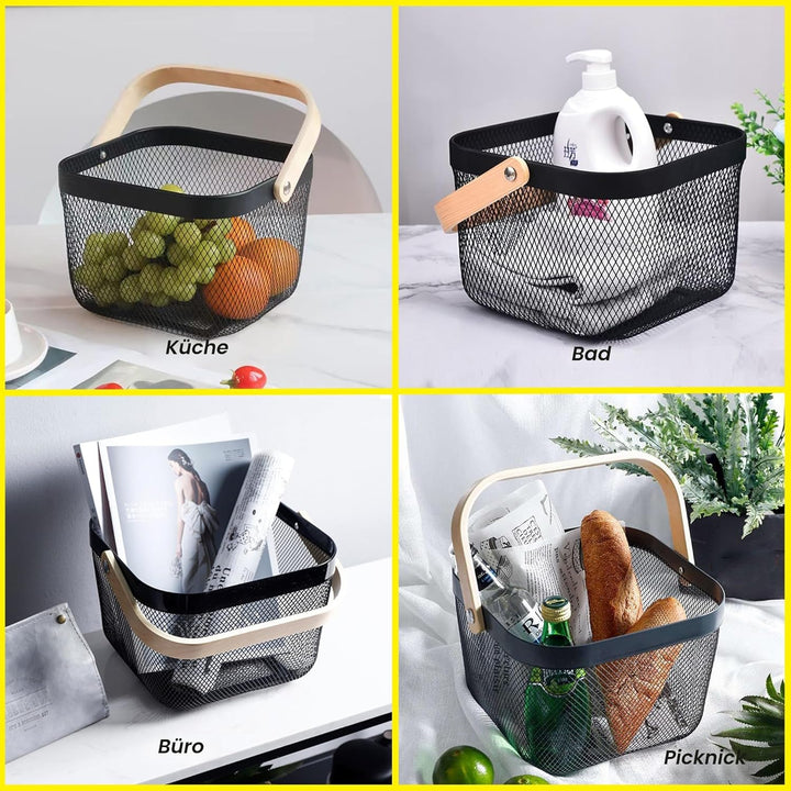 2 Stück Garten-Erntekörbe, Picknickkörbe mit robustem Metallgeflecht und Bambusgriff, perfekt zum Ei