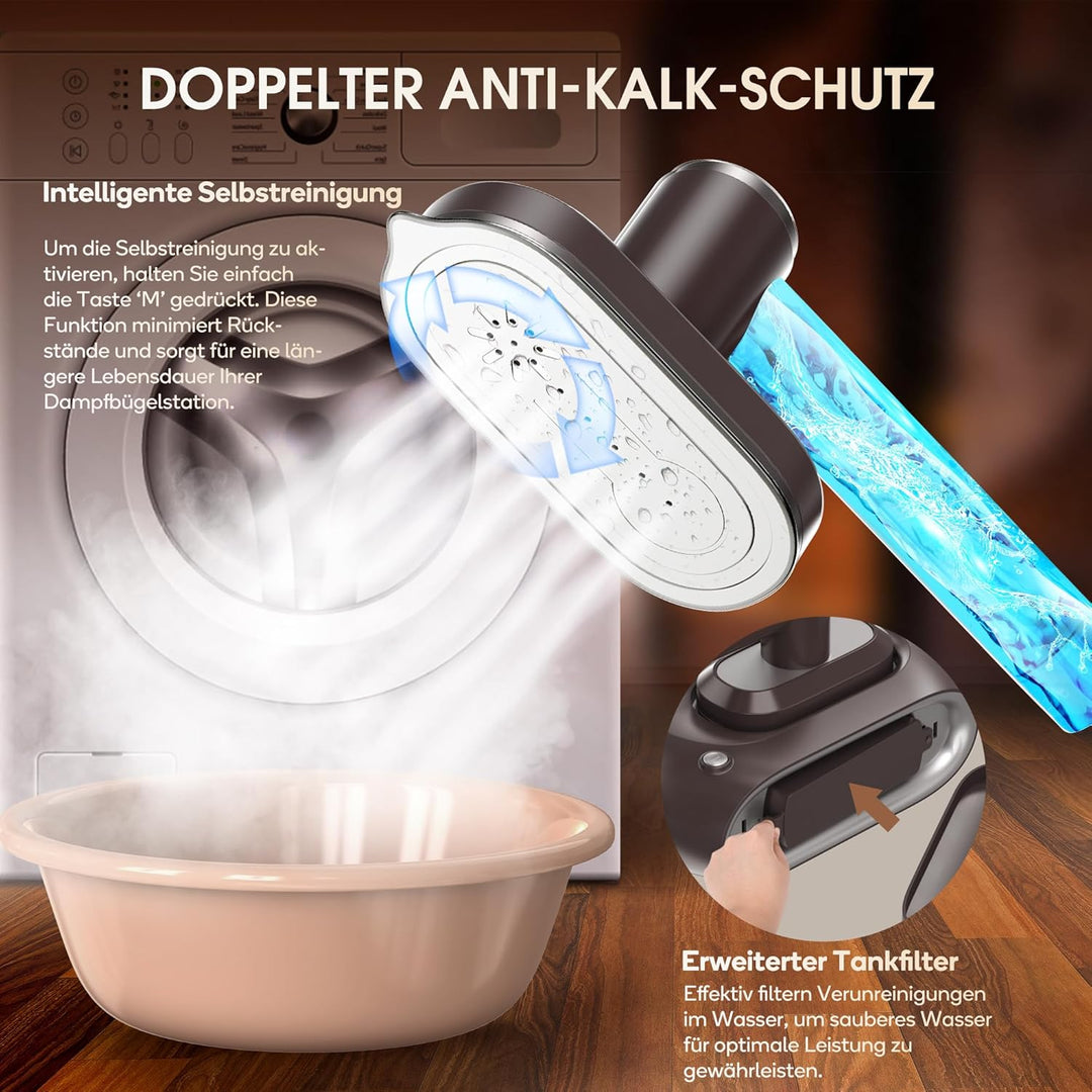 Newbealer Dampfbügelstation, 1600W Bügelstation für Kleidung, 3 Dampfstufen Dampfbügeleisen, 30s Sch