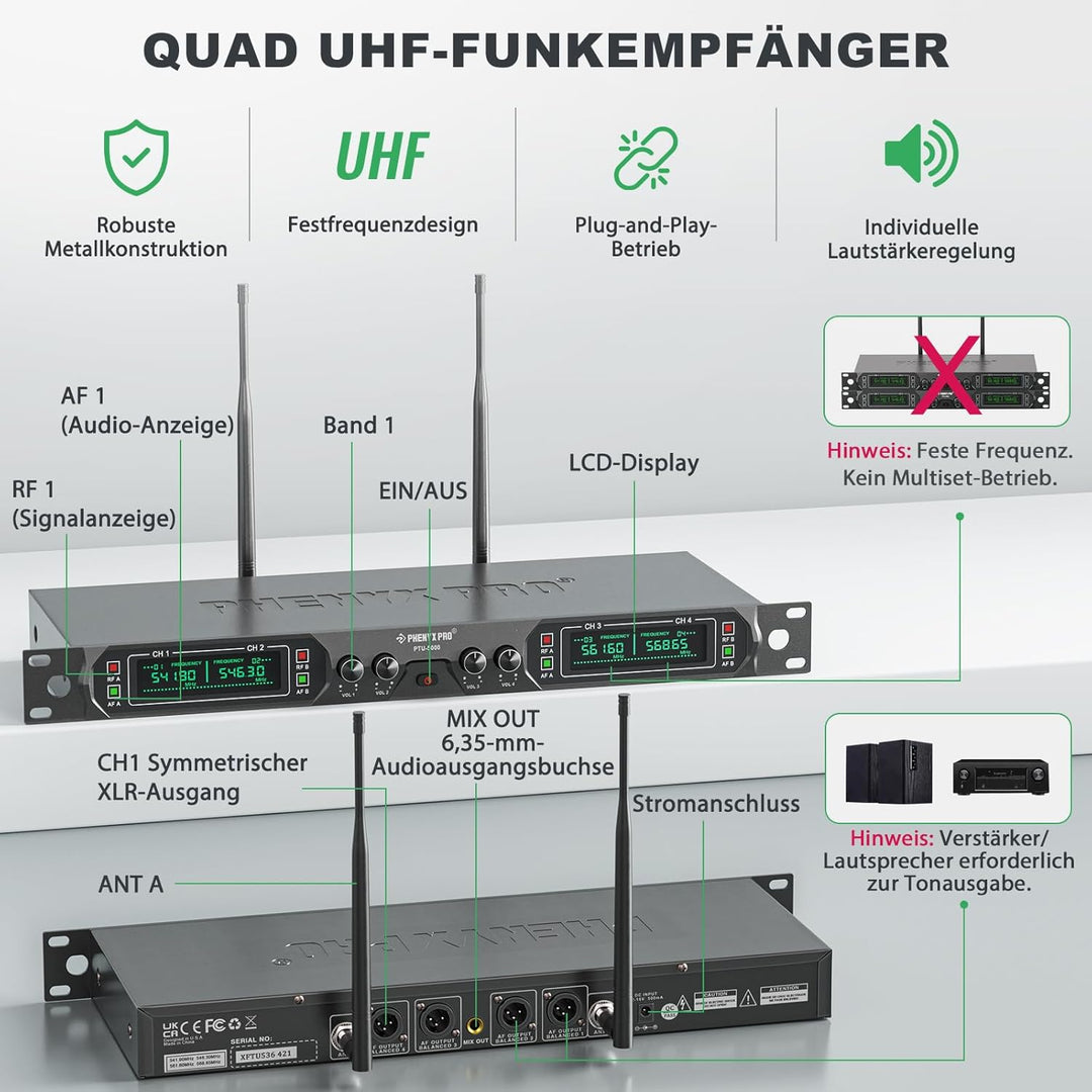 Phenyx Pro Mikrofon kabellos,4-Kanal Karaoke Mikrofon,Kabelloses Festfrequenz-Metall-Funkmikrofon mi