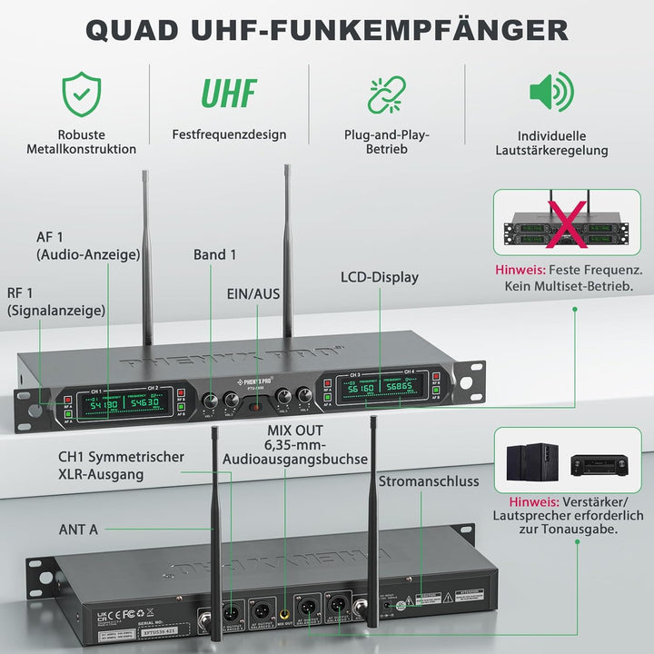 Phenyx Pro Mikrofon kabellos,4-Kanal Karaoke Mikrofon,Kabelloses Festfrequenz-Metall-Funkmikrofon mi