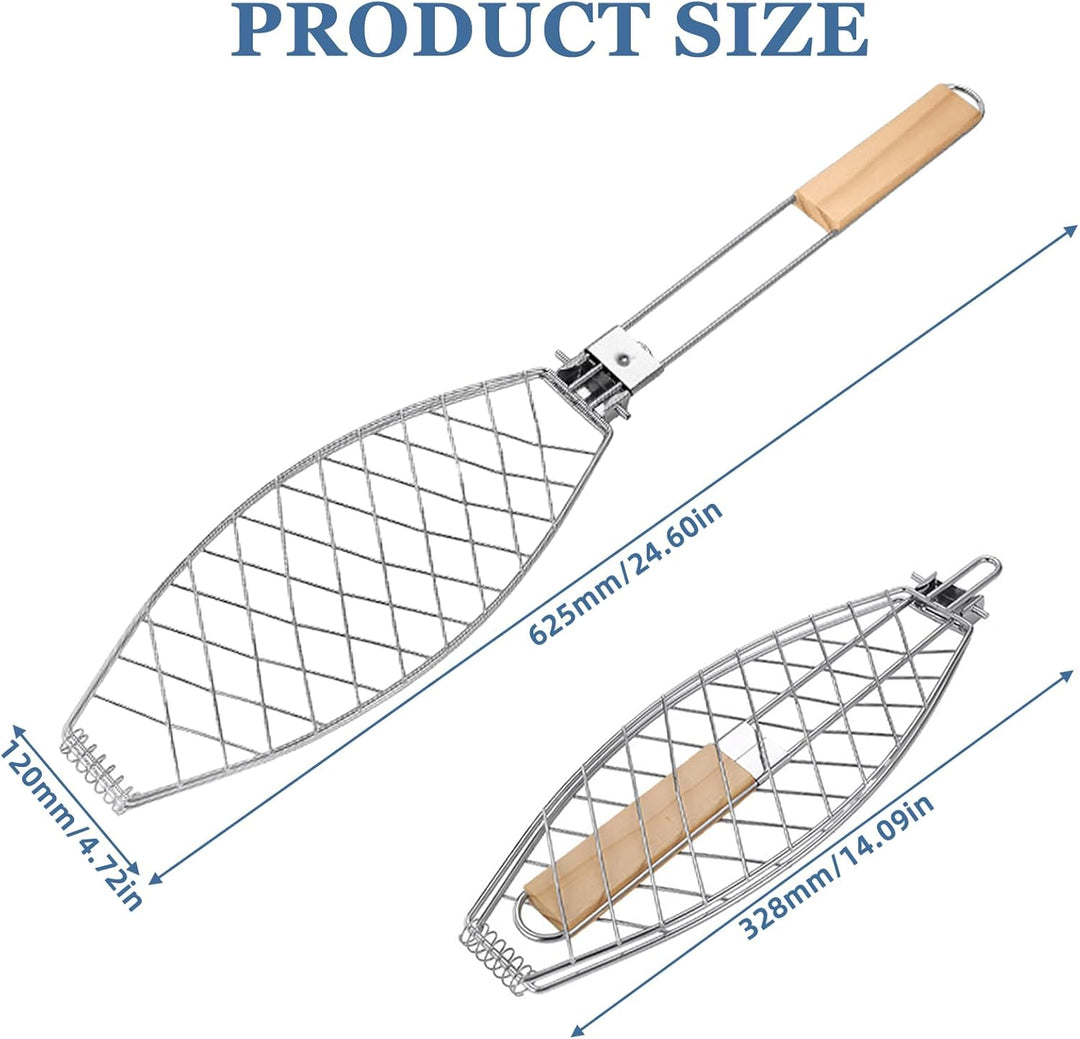 Fisch Grillhalter mit Holzgriff 4er, 63x12cm Grosse Fischbräter Fischgriller mit Griff, Edelstahl Gr